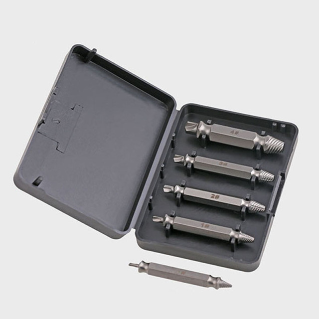 Screw Extractor (Nickel-Plated) HSS Steel 4+2-Pc Set incl. #1 & #0 Chrome Vanadium Steel